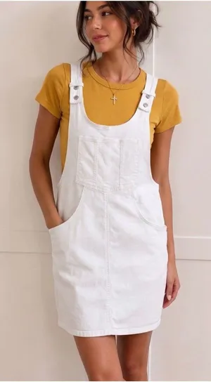 American Eagle NWT Size Large Skirtall Overalls Dress White Pockets Summer thumbnail 1