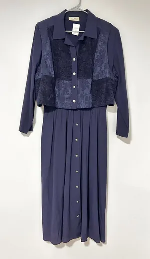 Lady Dorby Vintage 90s Navy Blue 2 Piece Maxi Dress and Lace Vest Set Plus 18W thumbnail 1