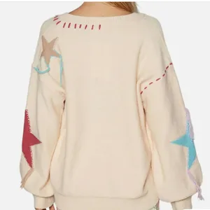 POL Patchwork Star Sweater - Beige V Neck Thick Knit Size Medium thumbnail 4