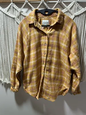 American Eagle Outfitters Yellow and Pink Plaid Button-Down Shirt thumbnail 1