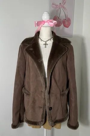 Vintage Ann Taylor 90s Penny Lane Brown Tan‎ One Button Collared Coat Womens Lg thumbnail 1