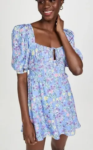Love & Lemons Charlene Puff Sleeve Mini Dress in blue floral print thumbnail 1