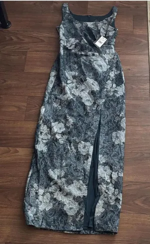 Adrianna Papell Matelasse Elegant Floral Maxi Dress with Slit Midnight Blue Prom thumbnail 1