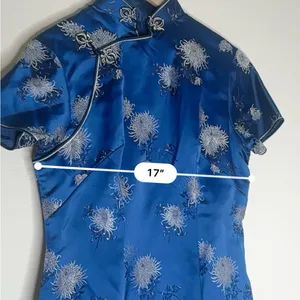 Vtg Cheongsam Dress Blue Floral Mandarin Collar Midi Length Frog Closure thumbnail 6