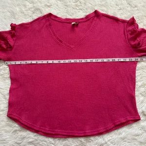 Anthropologie Pilcro Top Ruffled V-Neck Shirt Waffle Knit Raspberry Pink L thumbnail 11