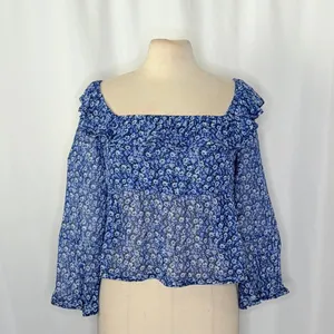 Anthropologie MAEVE Square Neck Sheer Babydoll Top Blue White Floral Large‎ thumbnail 3