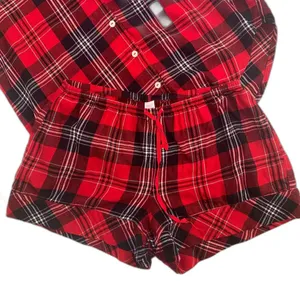 Victoria's Secret 2 piece red plaid tartan short sleeve shirt shorts pajamas XS thumbnail 9