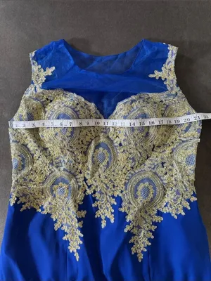 Royal Blue Evening Gown Gold Lace Appliqué with Train Side Zip Size 18 NWT thumbnail 9