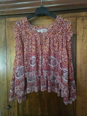 Free People Lorienne Rust and Pink Floral Border Peasant Blouse Boho Small thumbnail 3