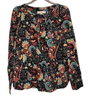 LOFT Paisley‎ Boho Peasant Blouse Medium Black Floral Long Sleeve Button Front thumbnail 1