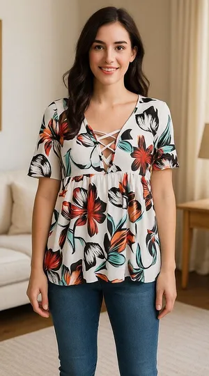 Floral Lace Up Babydoll Top Short Sleeve V Neck Stretch Blouse Size Small thumbnail 1