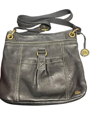 The Sak Kendra Black Leather Crossbody Bag Purse Canvas Strap Zip Closure 11x10 thumbnail 1