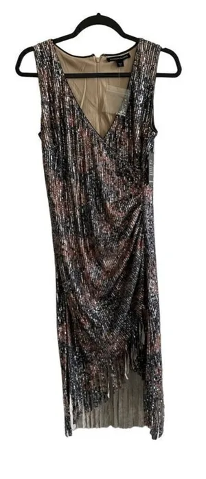 NTW Boston Proper Sequin V Neck Faux Wrap Knee Length Frimge Dress SIZE 6 thumbnail 1