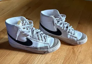 Nike Men’s White High-Top Sneakers with Black Swoosh and Gray Suede Toe thumbnail 1