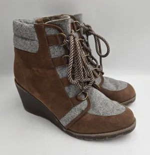 R2 Wenda Wedge Ankle Boots Womens 7M Brown Gray Cottagecore Combat Style Lace Up thumbnail 1