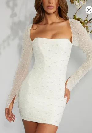Oh Polly Long Sleeve Embellished Corset Mini Dress in Ivory thumbnail 1