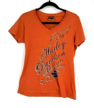 Harley Davidson women’s orange large spell‎ out Jewel encrusted t-shirt medium thumbnail 1