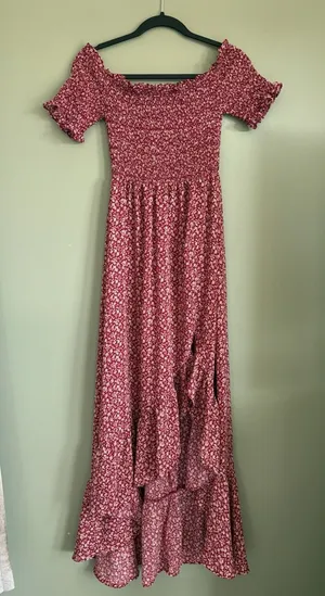 mi ami for francesca's Women's Floral Knit Maxi Dress Smocked Puff M Red thumbnail 1