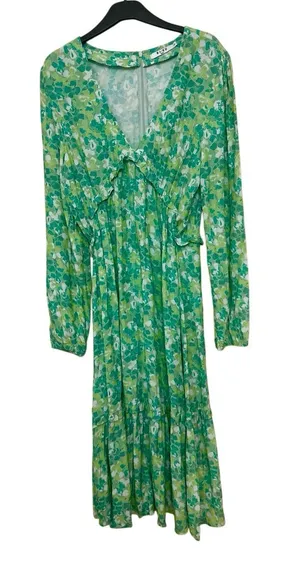 Anthropologie NA-KD Green Floral Balloon Sleeve Midi Dress Size 40 US M thumbnail 1
