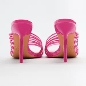 ZARA Hot Pink Rhinestone Embellished Vinyl Sequin Strappy Open Square Toe High Heels Sandals Mules thumbnail 10