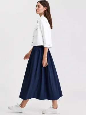 097- On 34th Navy Blue Pull-On Cotton Poplin Midi Skirt Size Large thumbnail 3