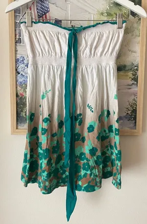SO Y2K Style Babydoll Strapless Halter Floral Tube Top White Teal XL thumbnail 1