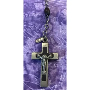 Vintage Black Wood Bead Rosary Catholic Prayer Beads Crucifix Cross France 21"‎ thumbnail 2