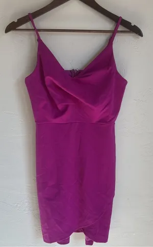 She + Sky Womens Small Magenta Purple Twist Front Cami Dress Tulip Hem Cocktail thumbnail 1