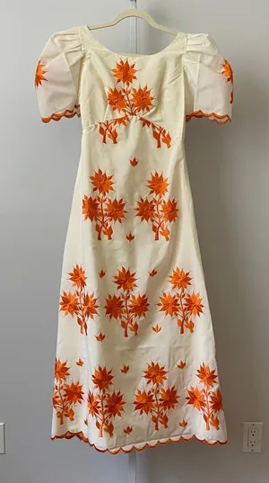 VTG Prairie Dainty Embroidered Floral Scalloped Maxi Dress XS White Orange thumbnail 1