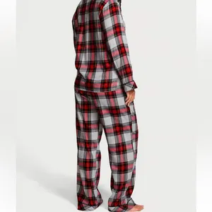 VICTORIA'S SECRET‎ Red Plaid xmas Flannel Long Pajama Set inseam short thumbnail 2