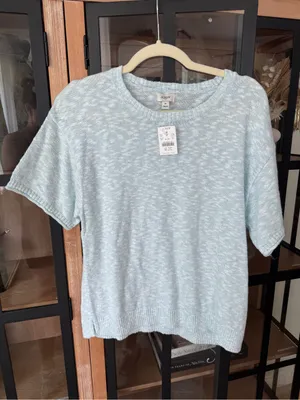 NWT J. Crew Short sleeve knit sweater top relaxed beach tinsel blue crewneck thumbnail 2