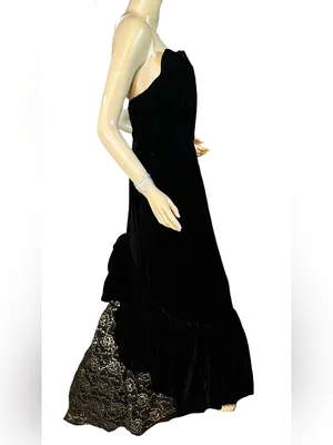 Vintage 1980'S Black Velvet Strapless Mermaid Dress W/Gold Lace Train (M) thumbnail 5