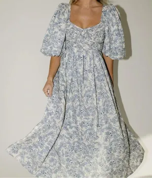 Zoco Blue Gala Blue Ivory Floral Midi Dress thumbnail 2