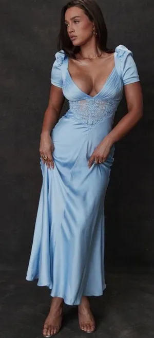 HOUSE OF CB 'Rafaela' Soft Blue Pure Silk & Lace Dress NWOT Size S A-C thumbnail 1
