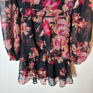 Lulus Dramatically Dreamy Black Floral Chiffon‎ Tiered Lurex Mini Dress Medium thumbnail 3