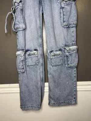Aeropostale Cargo Jeans Womens XS Light Wash Blue Low Rise Straight Ruffle Denim thumbnail 3