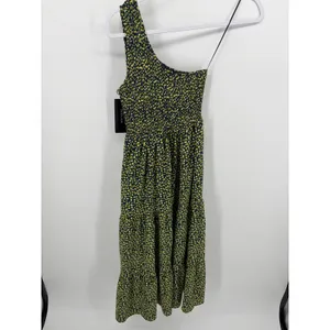 HYFVE Dress‎ Women S Navy Yellow Floral One Shoulder Smocked Tiered Midi thumbnail 2