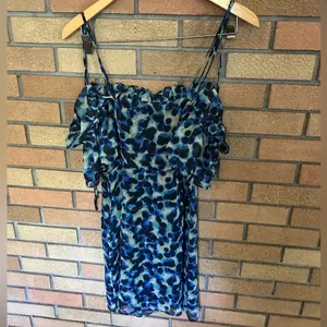 Topshop Frill Bardot Tie Off Shoulder Animal Print Mini Dress NWOT US Size 6 thumbnail 2