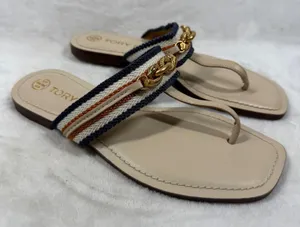 Tory Burch Eleanor Thong Sandal Beige Multi Striped Canvas Gold Chain Flat 5.5 thumbnail 1