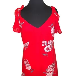 Speechless Red Floral A-Line V-Neck Short Sleeve Flutter Hem Midi Dress Size L thumbnail 2
