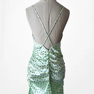Zara Pastel Green Blue Printed Satin Midi Ruched Side Slit Summer Sundress S thumbnail 8