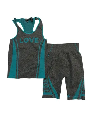 Love Women’s 1X/2X 2 Piece Seamless Activewear Set Tank Bike Shorts Teal Gray thumbnail 2