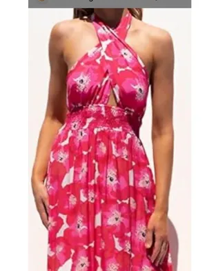 New Pink Floral Cross Neck Halter Open Back Printed Summer Maxi Dress Size XL thumbnail 2