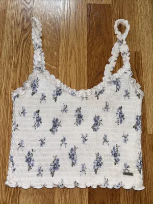 Hollister Smocked White Floral Crop Tank Top with Ruffled Straps thumbnail 1