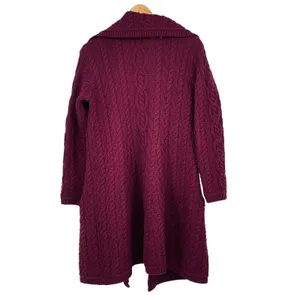 Aran Sweater Knit Merino Wool Burgundy Duster‎ Cardigan Sweater Size S Fisherman thumbnail 2