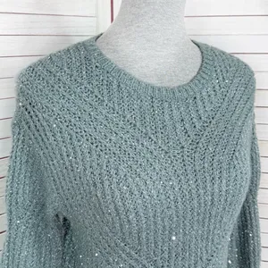 Nine West Scalloped Sleeve‎ Sequin Shimmer Sweater Sage Green Silver XS thumbnail 5