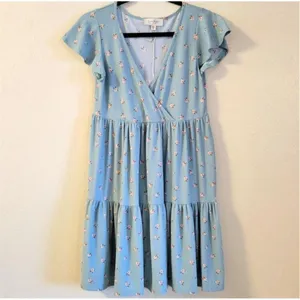NEW Jessica Simpson Floral Tiered Dress Sage Green SMALL Shorts Sleeve feminine thumbnail 2