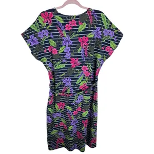 Lands' End‎ Navy Floral Striped Dolman Sleeve Belted Cotton Midi Dress Size L thumbnail 3