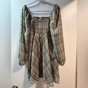 Copper Key Plaid Babydoll Mini Dress Long Sleeve Square Neck Smocked Back Size M thumbnail 3