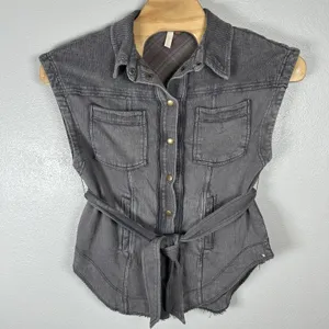 Anthropologie Pilcro Vest Womens Small‎ Gray Wash Cotton Knit Snap Belted thumbnail 1